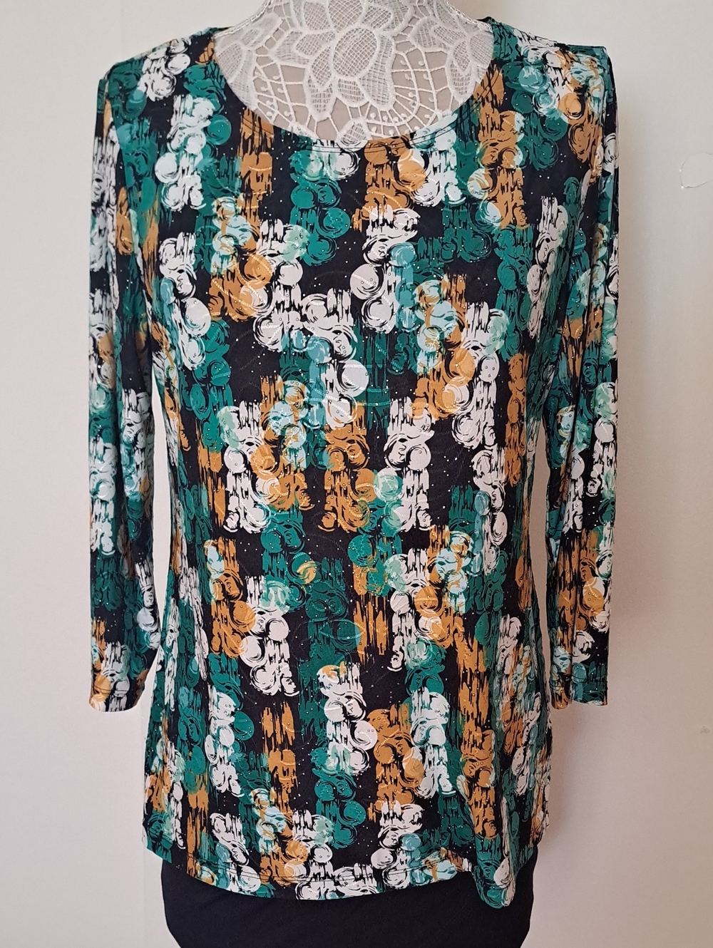 JM Collection Black Long Sleeve Top with Green, Mustard & White Abstract Print